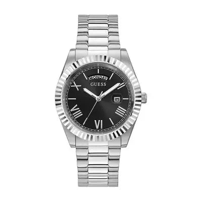 Guess Men’s Quartz Stainless Steel Black Dial 42mm Watch GW0265G1
Silver watch with black dial roman figure on a white background