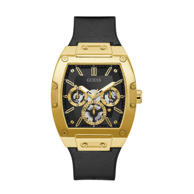 Guess Men’s Quartz Black Silicone &amp; Leather Strap Black Dial 43mm Watch GW0202G1
Gold watch with black strap on a white background
