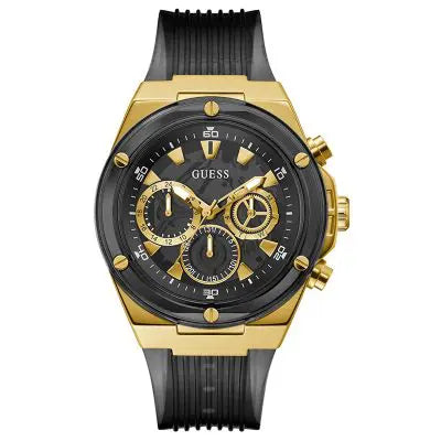 Guess Men’s Quartz Black Silicone Strap Black Dial 46mm Watch GW0425G1
Gold and black watch with 'Guess' branding on a white background