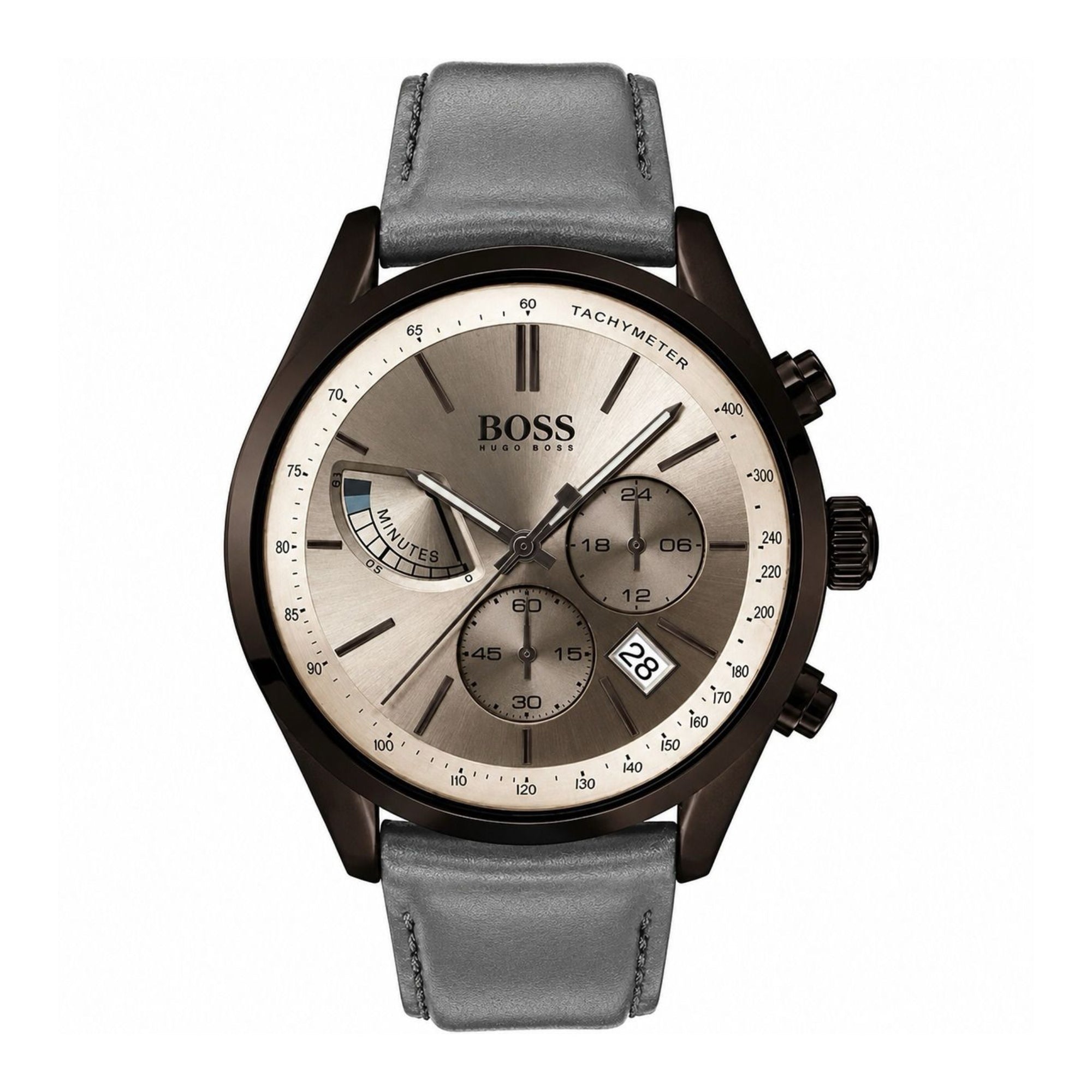Hugo Boss Men’s Quartz Grey Leather Strap Gold Dial 44mm Watch 1513603