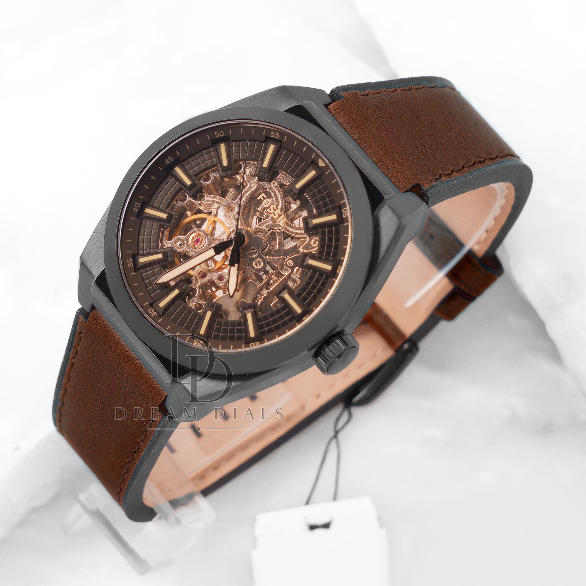 Fossil Everett Brown Leather Strap Black Dial Automatic Watch for Gents - ME3207