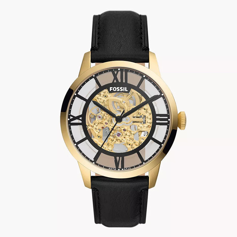 Fossil Men’s Automatic Black Leather Strap Black Skeleton Dial 44mm Watch ME3210