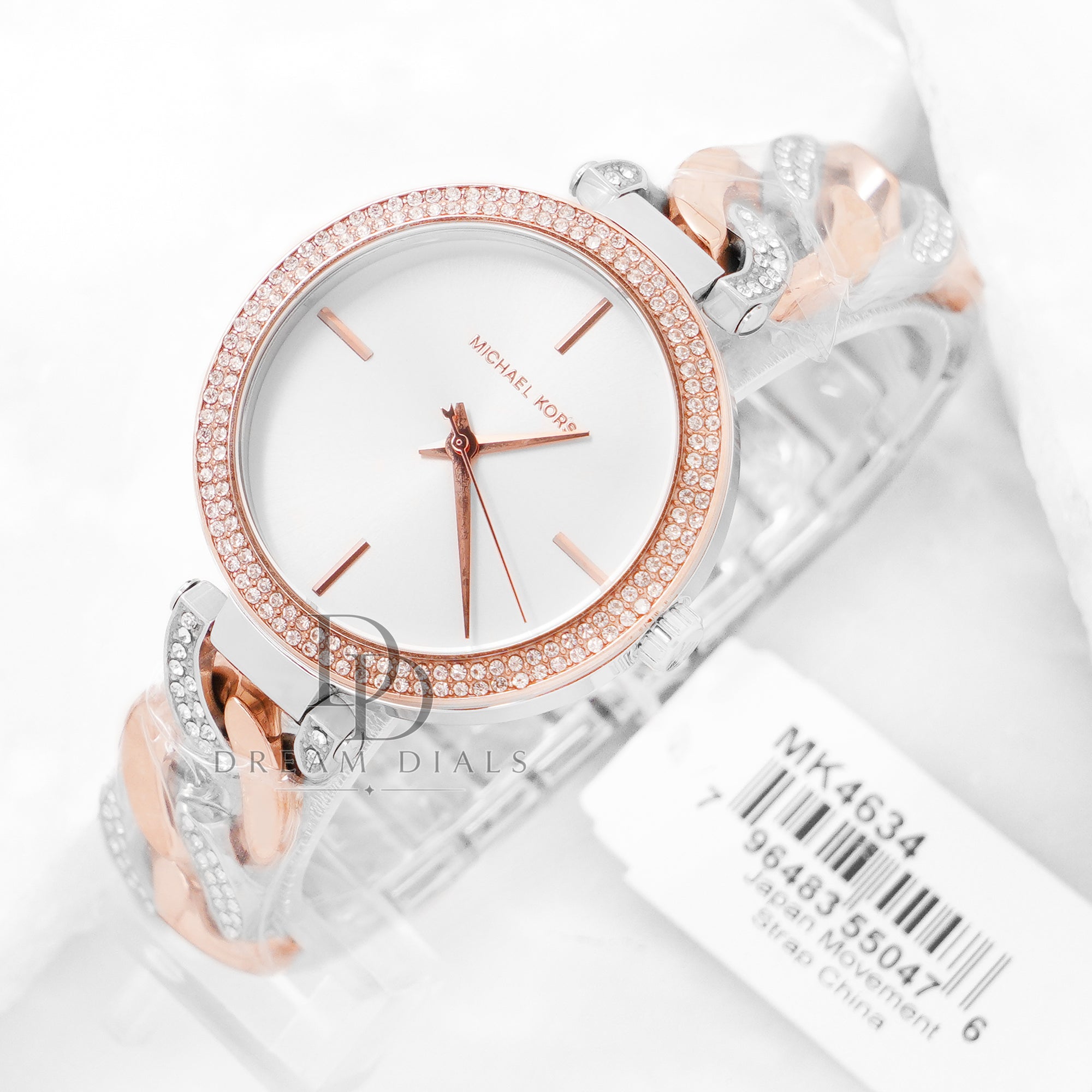 Michael Kors Women’s Quartz Two-Tone Stainless Steel Silver Dial 38mm Watch MK4634 cross angled view