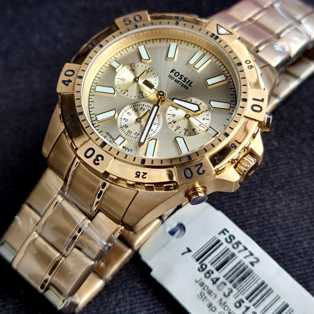 Fossil Men’s Chronograph Quartz Stainless Steel Gold Dial 44mm Watch FS5772