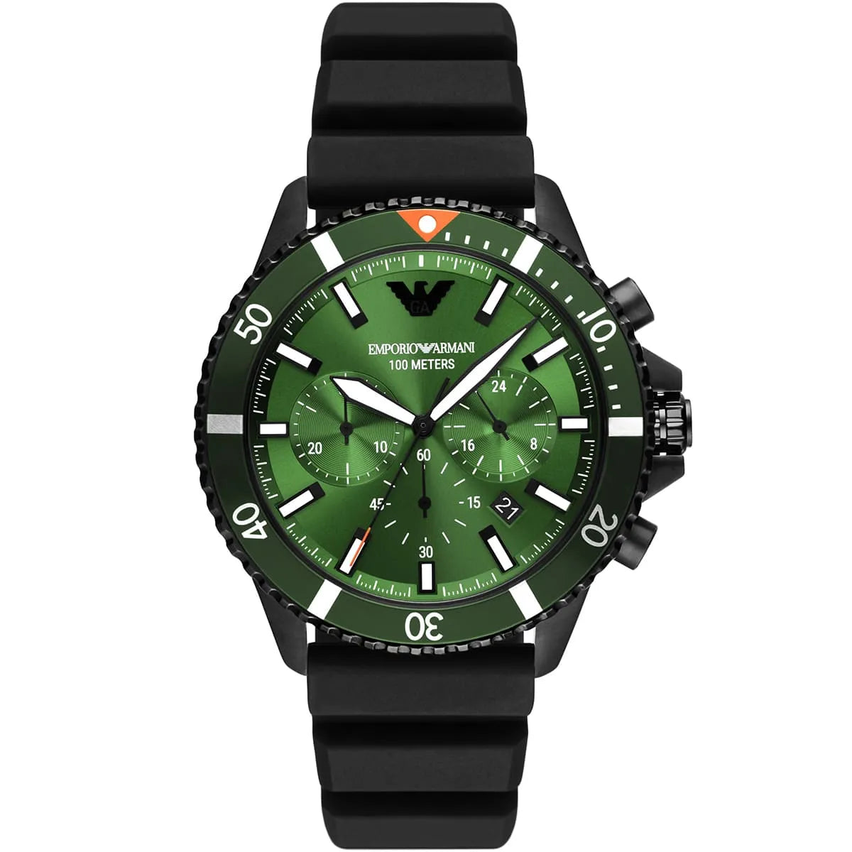 Emporio Armani Diver Men’s Quartz Black Silicone Strap Green Dial 43mm Watch AR11463