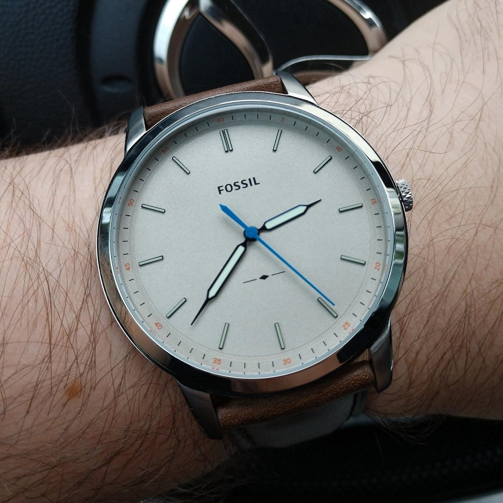 Fossil Minimalist Men’s Quartz Brown Leather Strap Off White Dial 44mm Watch FS5306
