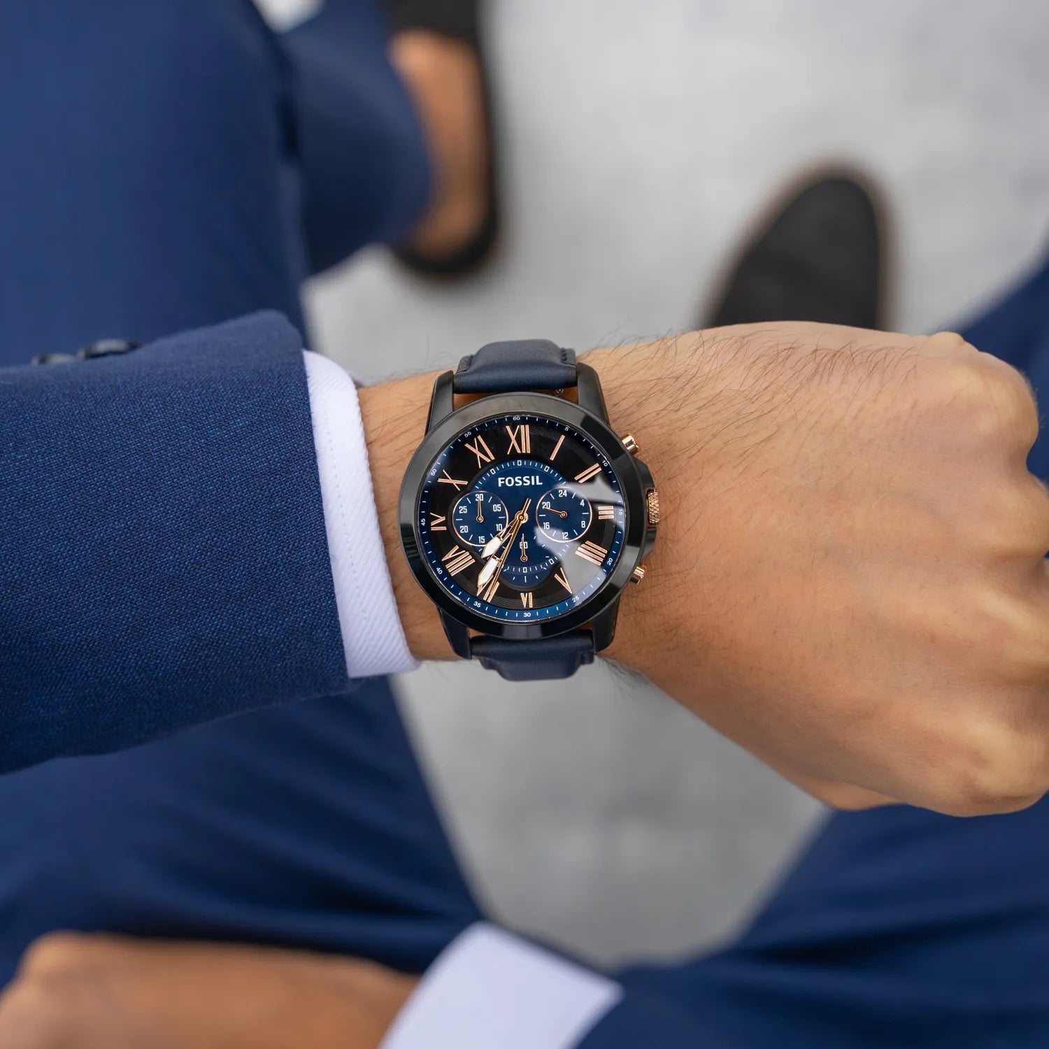 Fossil Grant Blue Leather Strap Black Dial Chronograph Watch for Men FS5061