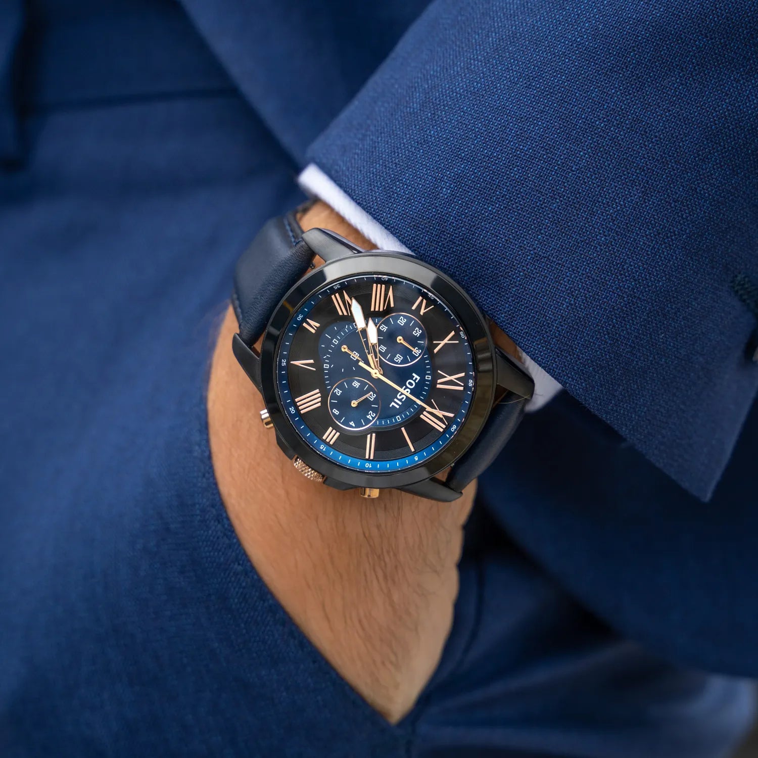 Fossil Grant Blue Leather Strap Black Dial Chronograph Watch for Men FS5061