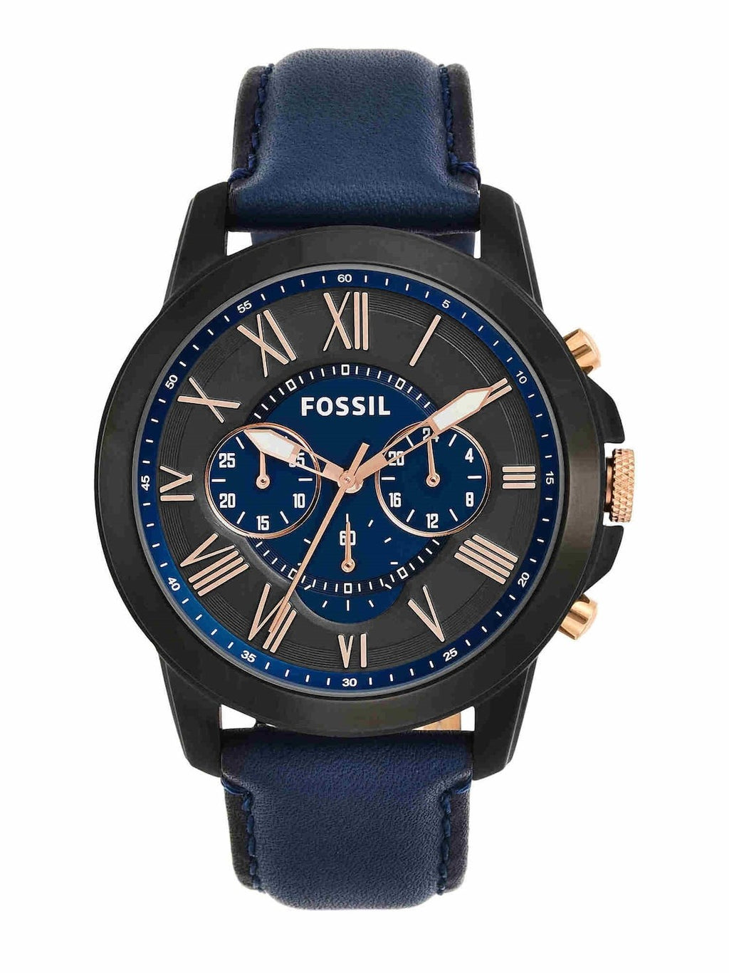 Fossil Grant Blue Leather Strap Black Dial Chronograph Quartz Watch for Gents - FS5061