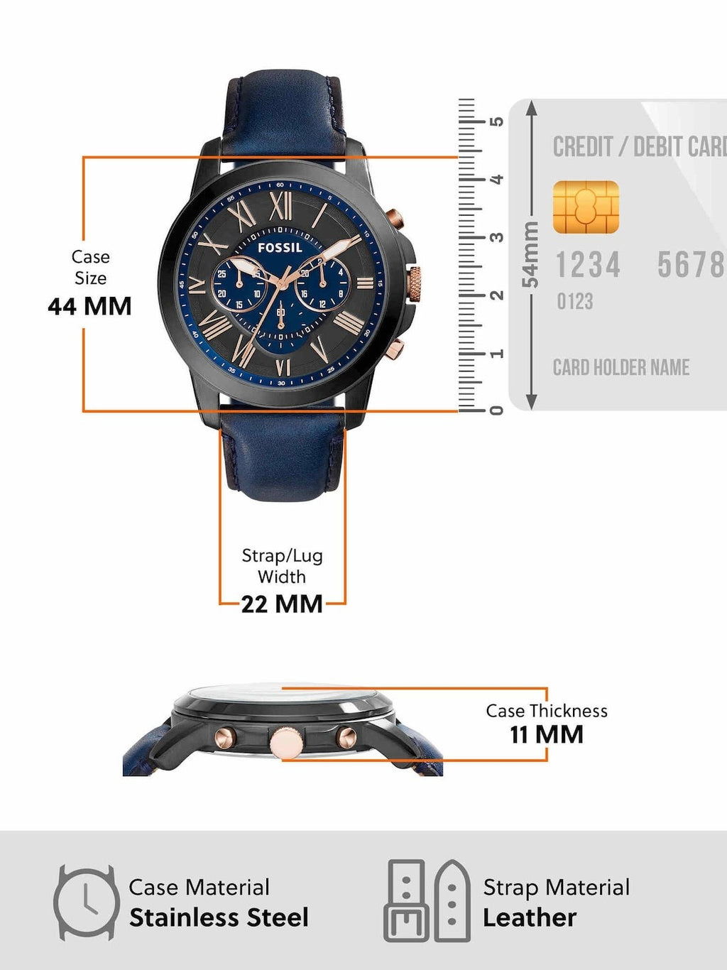 Fossil Grant Blue Leather Strap Black Dial Chronograph Quartz Watch for Gents - FS5061