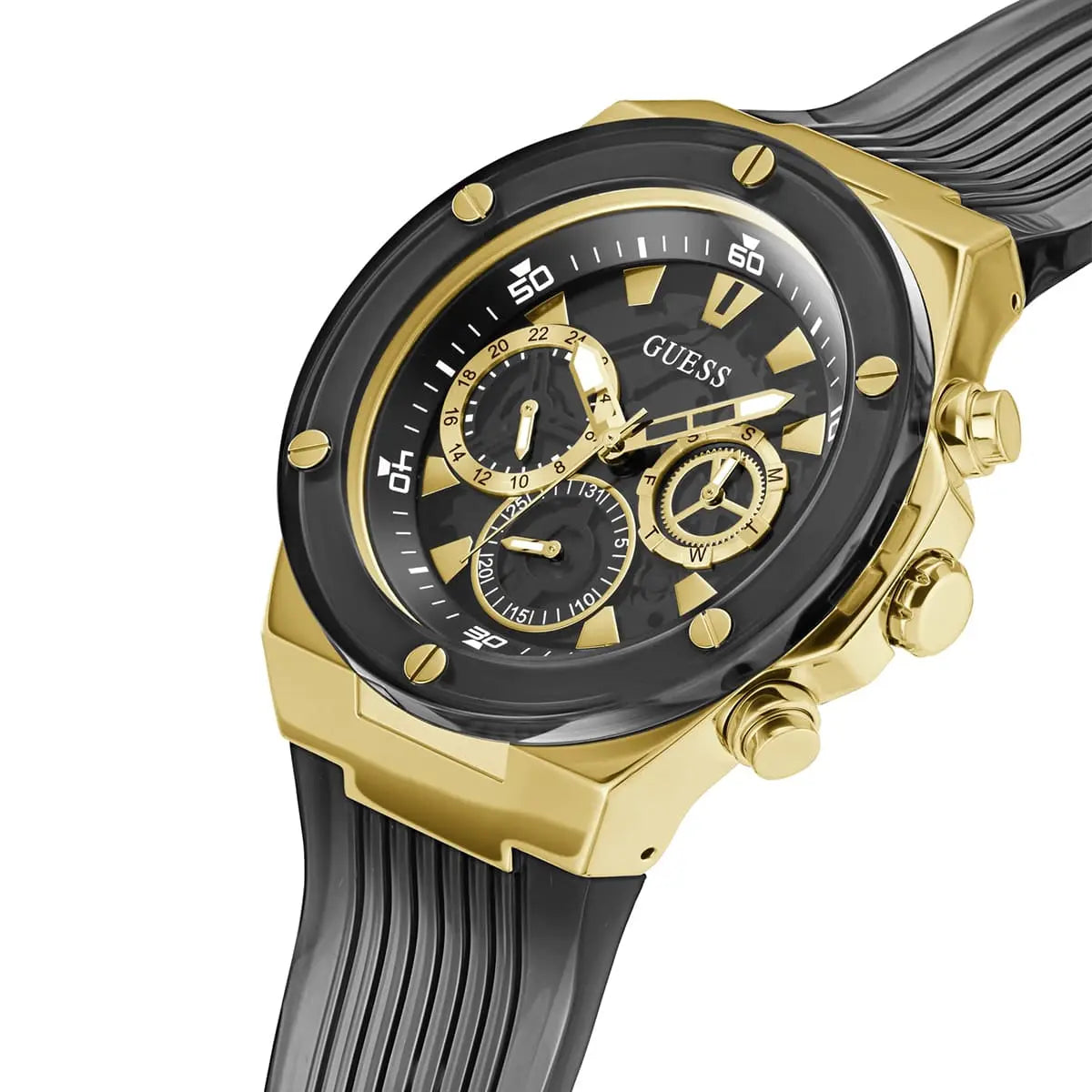 Guess Men’s Quartz Black Silicone Strap Black Dial 46mm Watch GW0425G1
Gold and black watch with visible brand logo on a white background