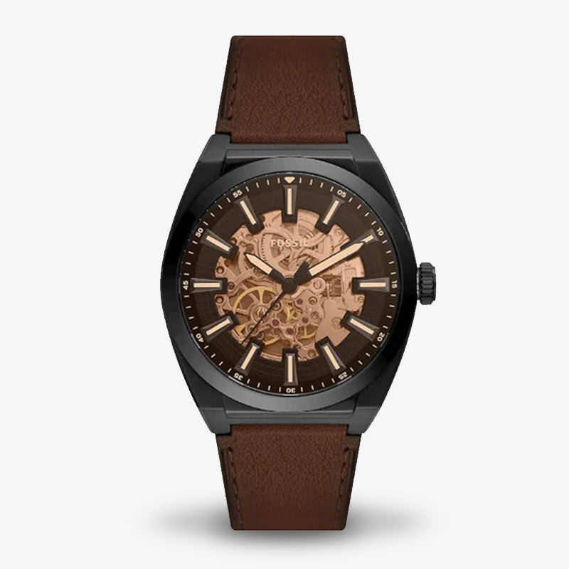 Fossil Everett Brown Leather Strap Black Dial Automatic Watch for Gents - ME3207
